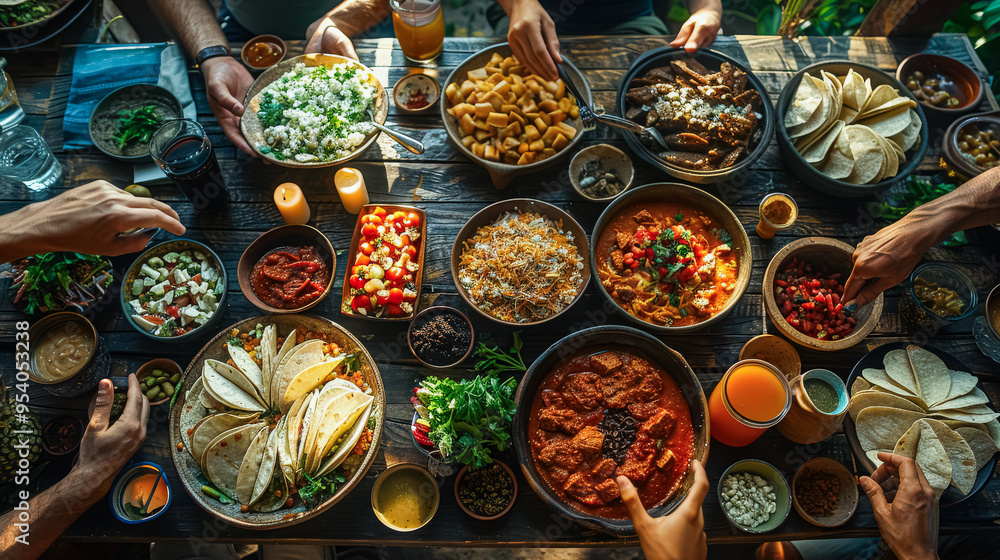 A table full of food with people eating from it. Scene is that of a family gathering or a party where everyone is enjoying the food together A table full of food with people eating from it. Scene is that of a family gathering or a party where everyone is enjoying the food together