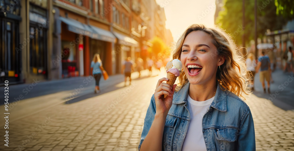 A joyful young Caucasian woman enjoys a succulent ice cream cone while walking through the city center at sunset. A joyful young Caucasian woman enjoys a succulent ice cream cone while walking through the city center at sunset.