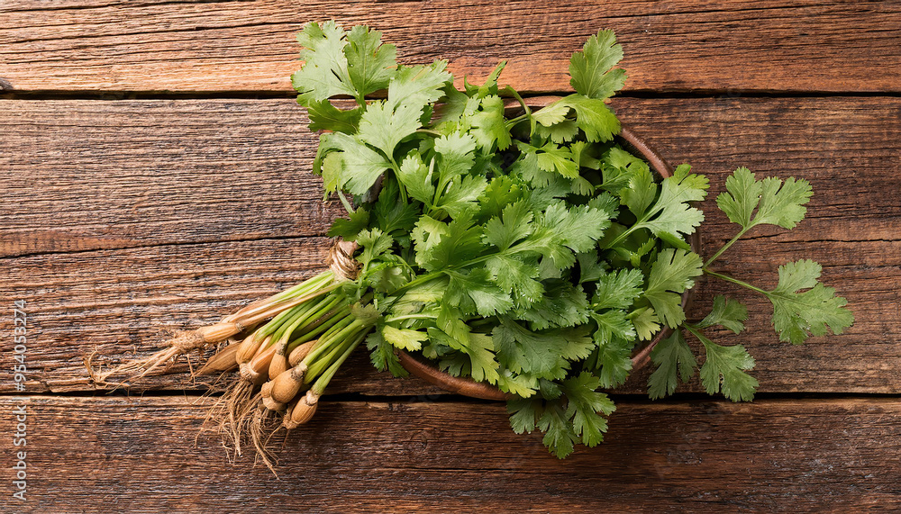 Coriander plant Traditional Arabic Medicine on a old Arabic wooden table Coriander plant Traditional Arabic Medicine on a old Arabic wooden table