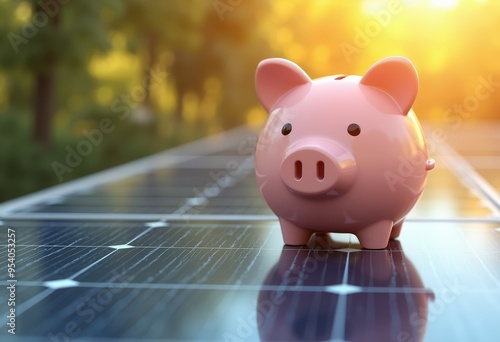 Piggy Bank on Solar Panel - Saving Money with Renewable Energy