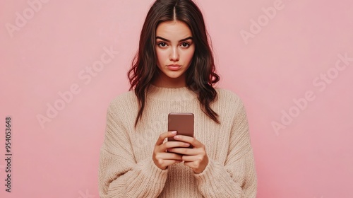 Young woman with brown hair in a beige sweater looks at the camera while surfing the internet on her phone against a pink backdrop. photo