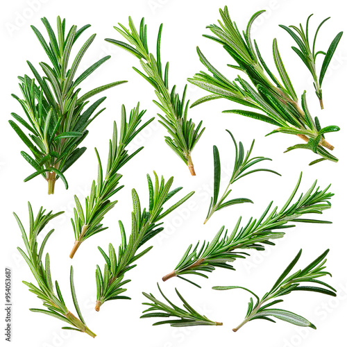 Fresh rosemary and green leaves, arranged in a flat lay style for food presentation, isolated on a simple background.