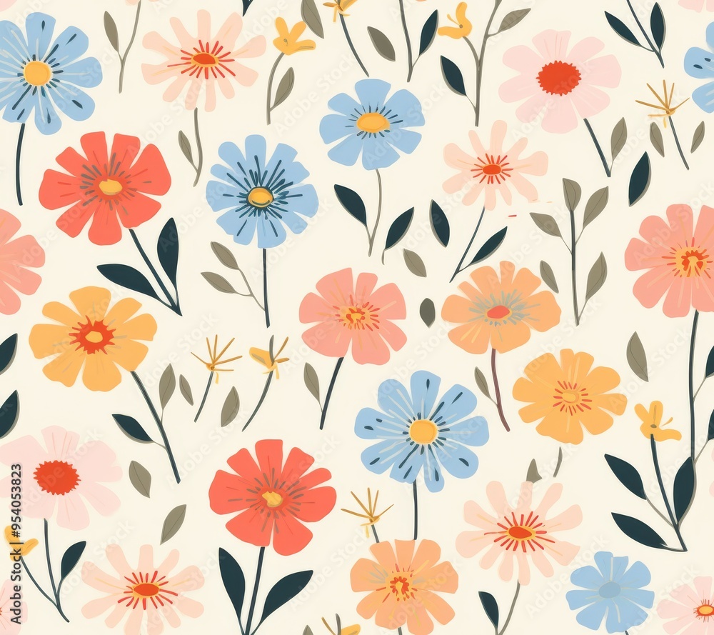 A cheerful seamless pattern featuring colorful flowers and leaves on a cream background. Perfect for spring or summer designs. A cheerful seamless pattern featuring colorful flowers and leaves on a cream background. Perfect for spring or summer designs.