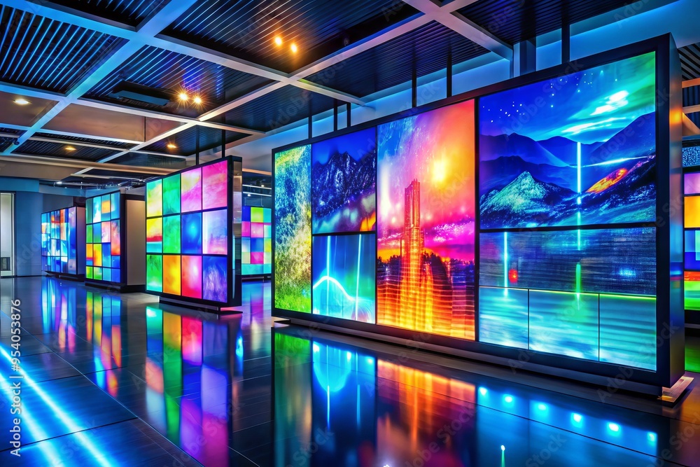 Colorful digital screens and sleek modern displays showcase vibrant graphics and data visualizations in a futuristic Colorful digital screens and sleek modern displays showcase vibrant graphics and data visualizations in a futuristic