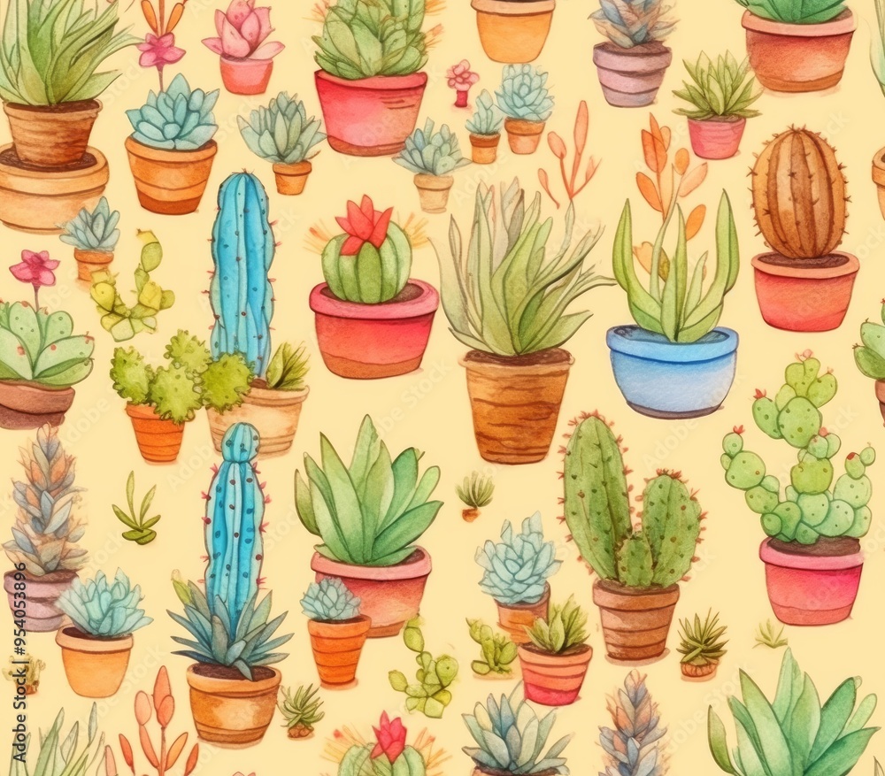 A seamless pattern featuring various cacti and succulents in colorful pots on a yellow background. A seamless pattern featuring various cacti and succulents in colorful pots on a yellow background.