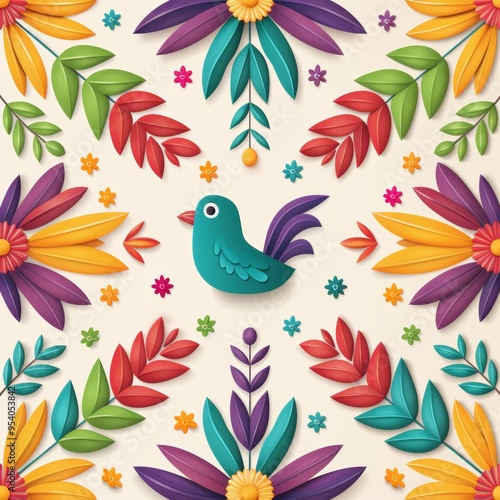 A colorful bird sits in the center of a floral seamless pattern, surrounded by vibrant flowers and leaves in a paper cut style.