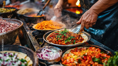 A man is cooking food in a kitchen with a variety of dishes on the counter. The atmosphere is lively and inviting, with the smell of the food filling the air