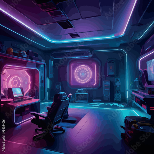 Room interior at night, dark apartment with lights dimmed, furniture and floor-to-ceiling glass wall with futuristic neon city view, cartoon vector illustration