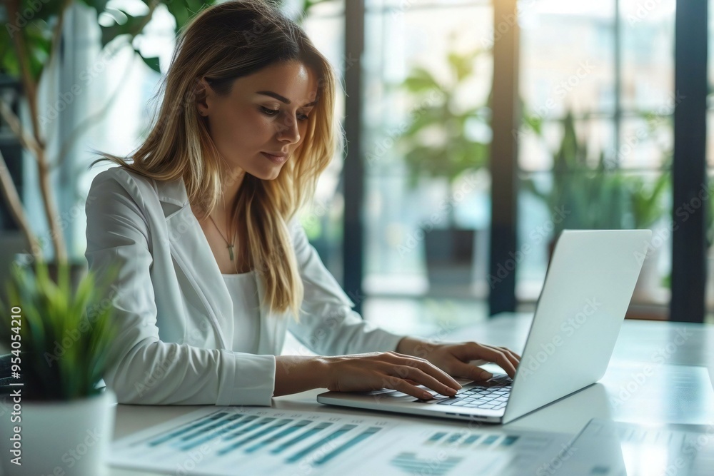 woman analyzing the KPI business dashboard technology on her laptop in a modern office setting. woman analyzing the KPI business dashboard technology on her laptop in a modern office setting.