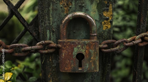 Old lock chained to fence