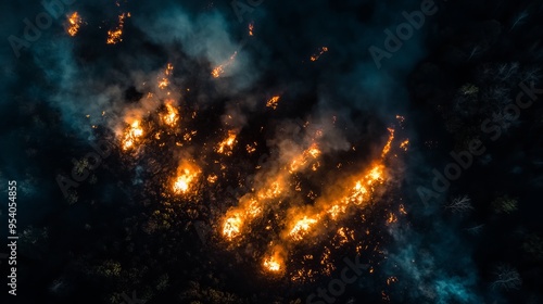 An epic aerial photo capturing a night fire in the forest, with flames and smoke billowing into the dark sky. The image shows a blazing, glowing fire line as dry grass burns