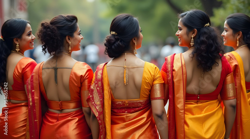 Elegant Indian Women in Traditional Sarees at Wedding Celebration photo