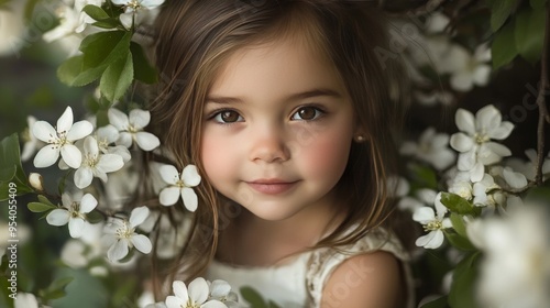 Beaming girl amidst white blossoms photo