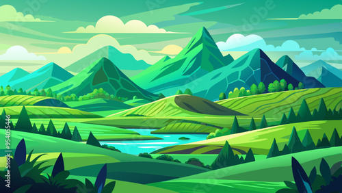 Abstract green landscape wallpaper background illustration design with hills and mountains