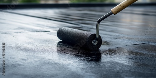 Black roller brush in action applying waterproof coating on rooftop, copy space - roofing, construction, protective coatings