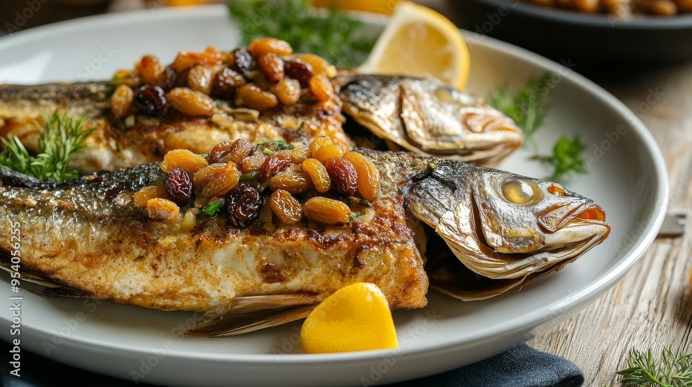 Fish steaks stuffed with almonds and raisins Fish steaks stuffed with almonds and raisins