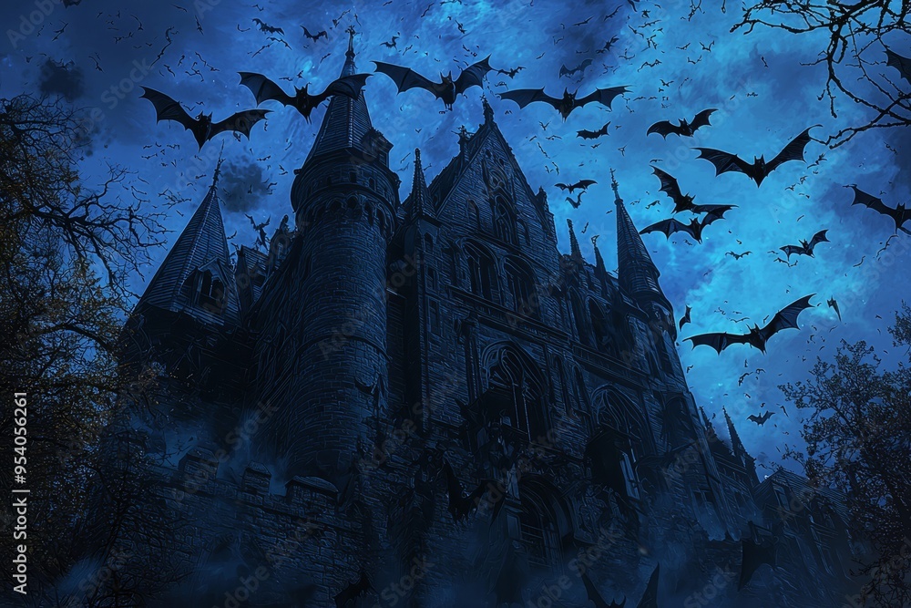 A towering vampire castle looms against a deep blue twilight sky, shrouded in mystery as bats flutter above, embodying dark fantasy. A towering vampire castle looms against a deep blue twilight sky, shrouded in mystery as bats flutter above, embodying dark fantasy.