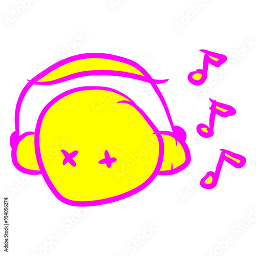 Funny Cute Face Head Musical Notes Ears Listening Headphone Music Listen Loud Bass Sound DJ Party Night Clubber Raver Disco Club Band Concert Techno Discothek Cool Love Humor Fun Illustration Design