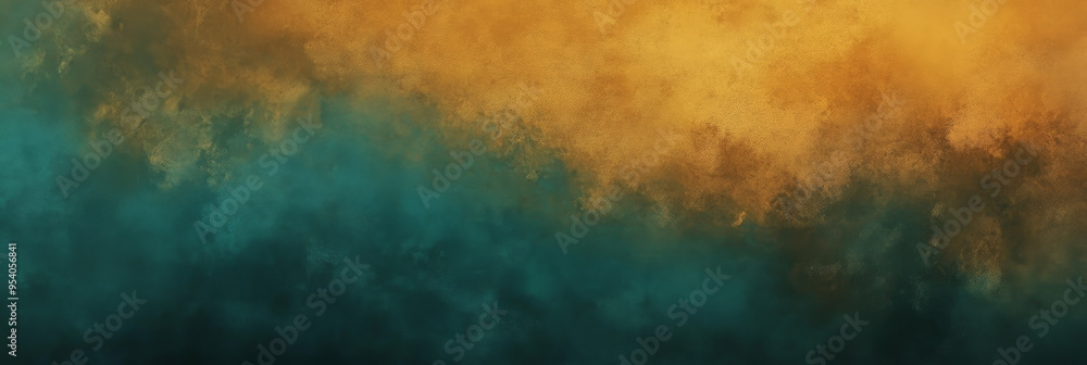 Fototapeta premium Abstract background with a gradient of teal and gold, textured with clouds and smoke.