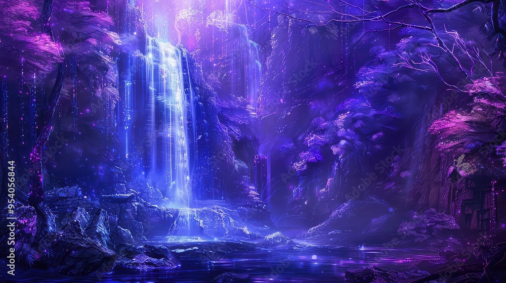 Fototapeta premium A magical waterfall cascades down a rocky cliff face in a purple and blue forest.