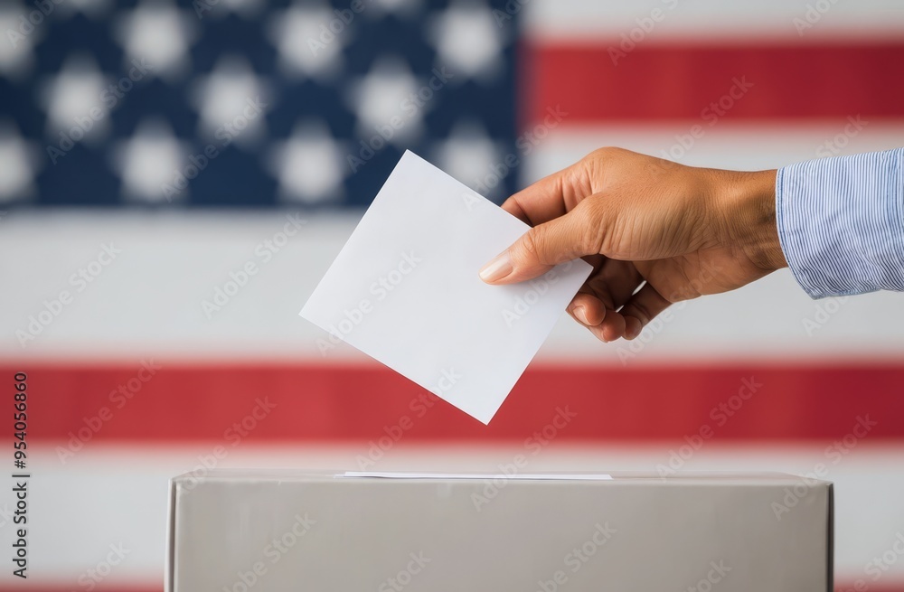 A person places a blank ballot into a ballot box with a large American flag displayed in the background, highlighting the voting process. A person places a blank ballot into a ballot box with a large American flag displayed in the background, highlighting the voting process.