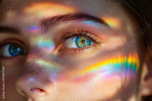 close up portrait of a woman with hazel green eyes sunlight on face prism colors 