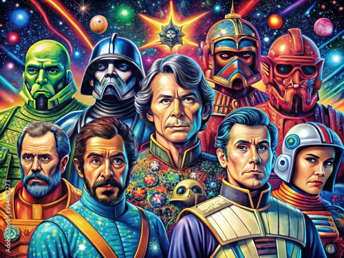 Colorful illustration of beloved intergalactic heroes and villainous characters, featuring iconic designs, vibrant hues, and whimsical details, set against a starry night sky backdrop.