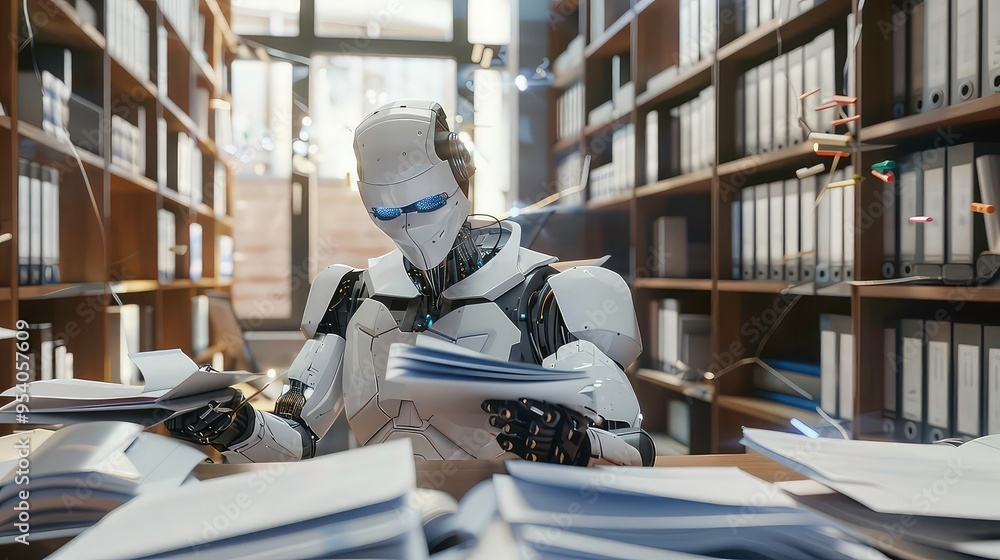 Futuristic robot working in an office with a stack of papers in front of it, surrounded by filing cabinets. Futuristic robot working in an office with a stack of papers in front of it, surrounded by filing cabinets.