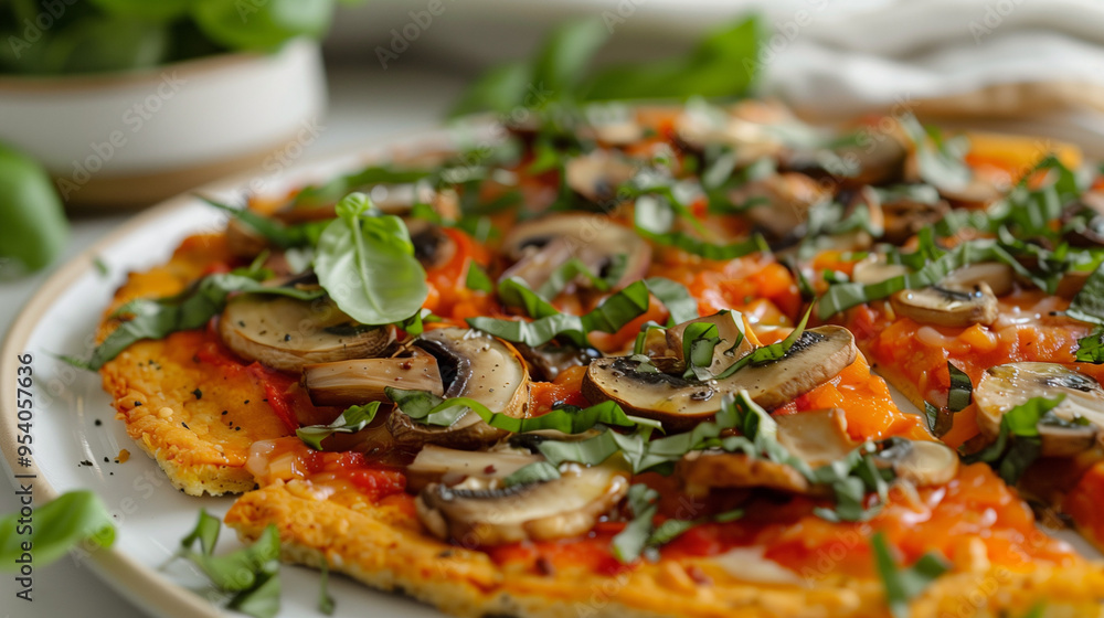 A vegan pizza with mushrooms and fresh herbs, Placed on a white plate. Concept Vegan Recipes, Plant-based Cooking, Healthy Eating, Meatless Options. World Vegetarian Day A vegan pizza with mushrooms and fresh herbs, Placed on a white plate. Concept Vegan Recipes, Plant-based Cooking, Healthy Eating, Meatless Options. World Vegetarian Day