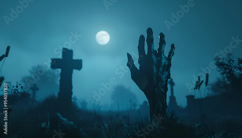 zombie hand rising out of a graveyard in spooky night