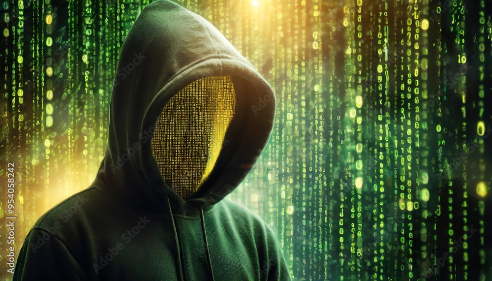 A hooded figure with a matrix-style digital face surrounded by falling ...