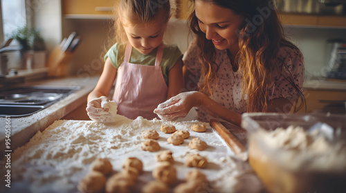 A mother and daughter baking cookies in a kitchen flour and ingredients spread out. photo