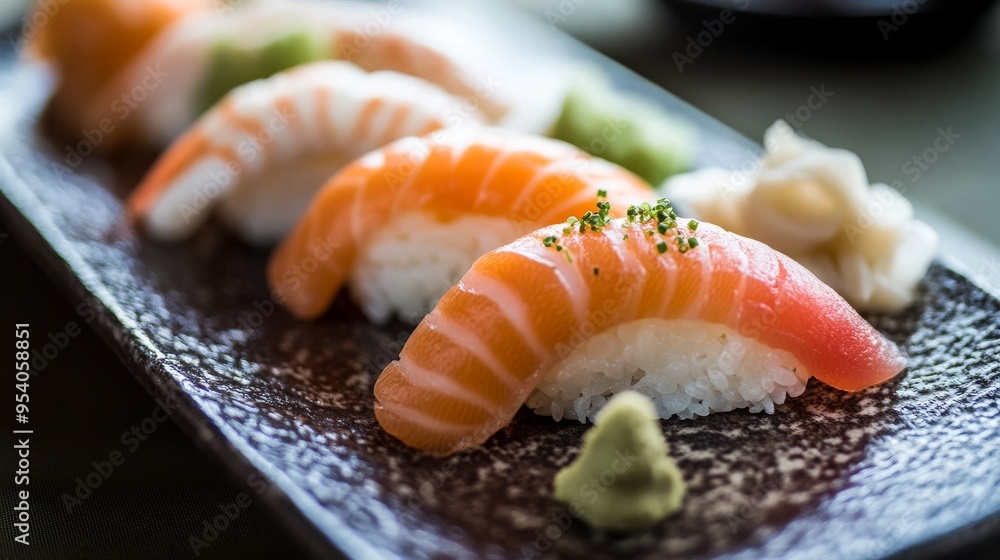 Sushi: Premium Japanese dish w/ mushroom, shrimp, salmon Temaki, presented in style Sushi: Premium Japanese dish w/ mushroom, shrimp, salmon Temaki, presented in style