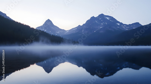 A mountain lake at dawn with mist rising from the water and peaks in the background.