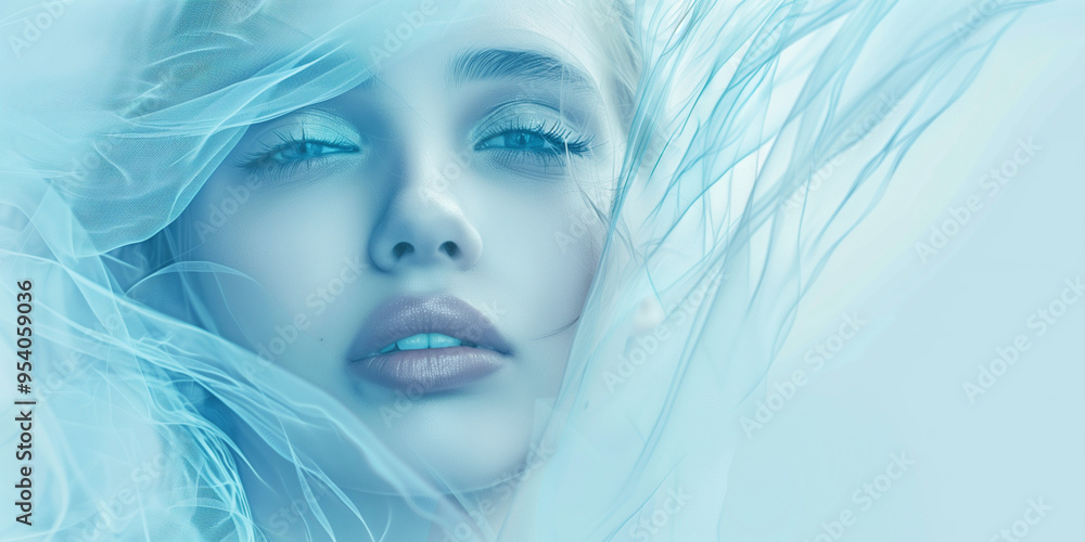 Close-up of a woman surrounded by soft blue and white clouds, creating a peaceful and dreamy visual effec. Close-up of a woman surrounded by soft blue and white clouds, creating a peaceful and dreamy visual effec.