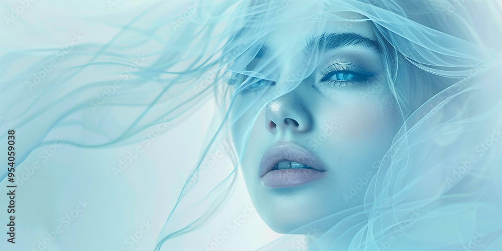 Dreamlike portrait of a woman with flowing blue and white hair, blending into soft clouds for a serene effect. Dreamlike portrait of a woman with flowing blue and white hair, blending into soft clouds for a serene effect.