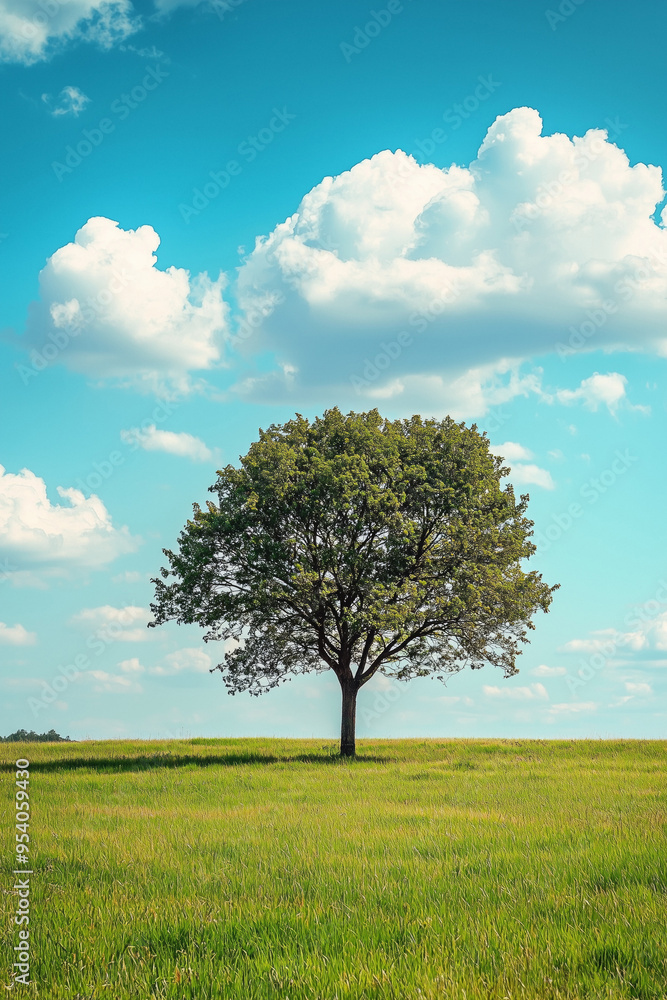 Lonely tree in a field among grass against the background of blue sky and white clouds Generative AI Lonely tree in a field among grass against the background of blue sky and white clouds Generative AI