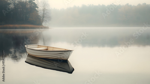 A peaceful lakeside scene with a rowboat floating on still waters.