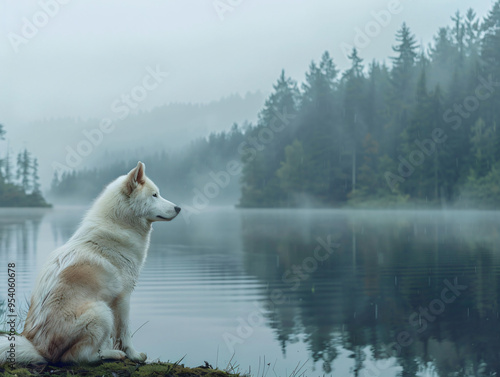 Ainu dog sitting by a serene lakeside, with a misty forest in the background, its fur slightly damp, gazing intently at the water, creating a peaceful and reflective scene, cinematic style, Compositin photo