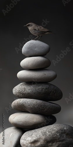 Bird perched on top of a stack of smooth, round rocks against a dark gray background, stones form an intricate cairn, perfectly balanced to create the perfect structure photo