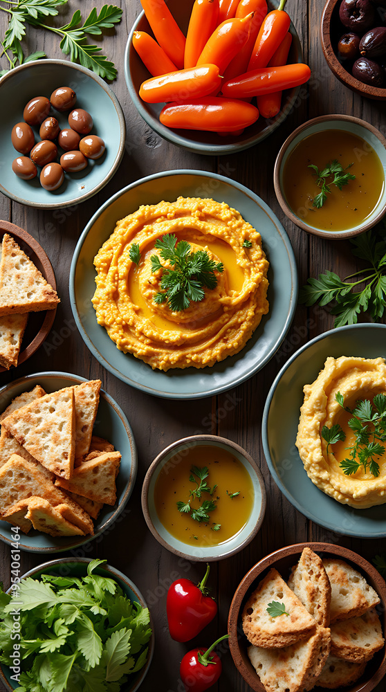 Top View of a Mediterranean Food Spread with Fresh Ingredients and Dips Top View of a Mediterranean Food Spread with Fresh Ingredients and Dips