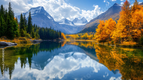 A serene mountain lake with a reflection of autumn trees and distant peaks.