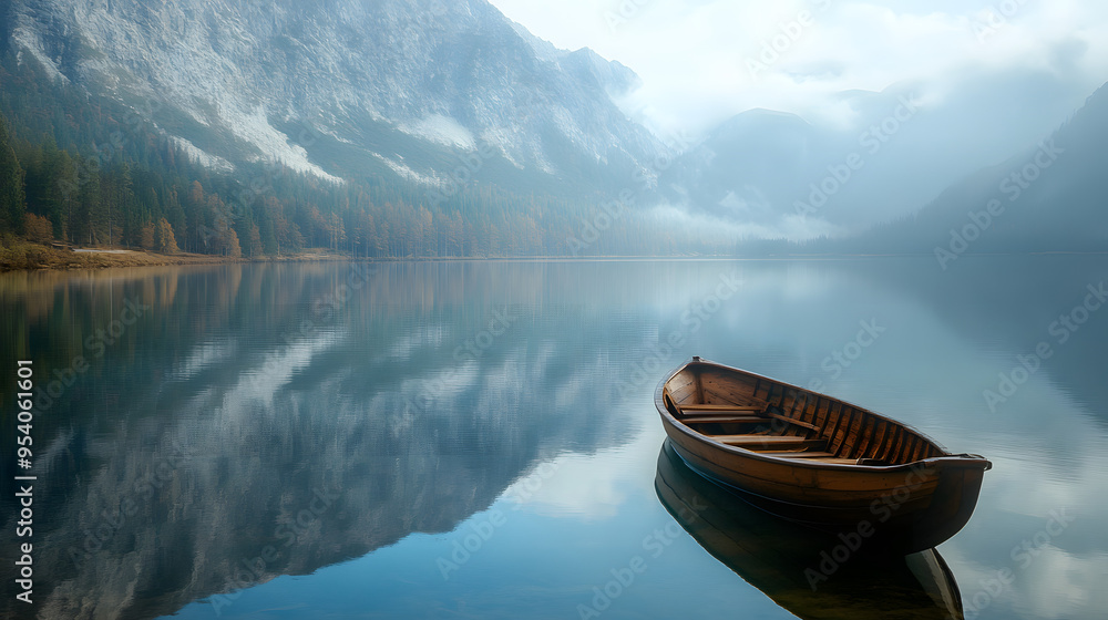 A serene mountain lake with a wooden boat drifting on the water. A serene mountain lake with a wooden boat drifting on the water.