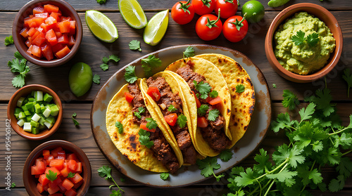 Top View of a Mexican Taco and Salsa Spread with Colorful Ingredients photo