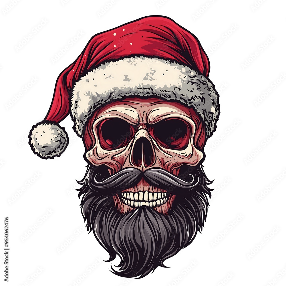 Fototapeta premium Skull with beard and mustache in a Santa Claus hat, vector illustration on a white background. art logo, simple design, high resolution, t-shirt print artwork, bold outlines