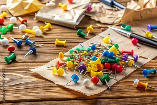 Colorful thumbtacks of various shapes and sizes scattered on a light wood desk, amidst crumpled papers, pens, and photo