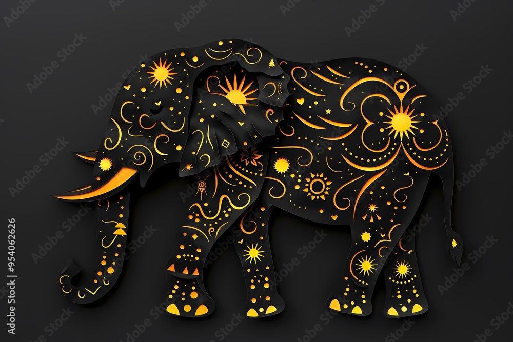 Obraz premium Gold Indian elephant with golden ornament and stars on black background. Ganesh Chaturthi. Diwali. Elephant festival in India. illustration in tribal or boho style for design