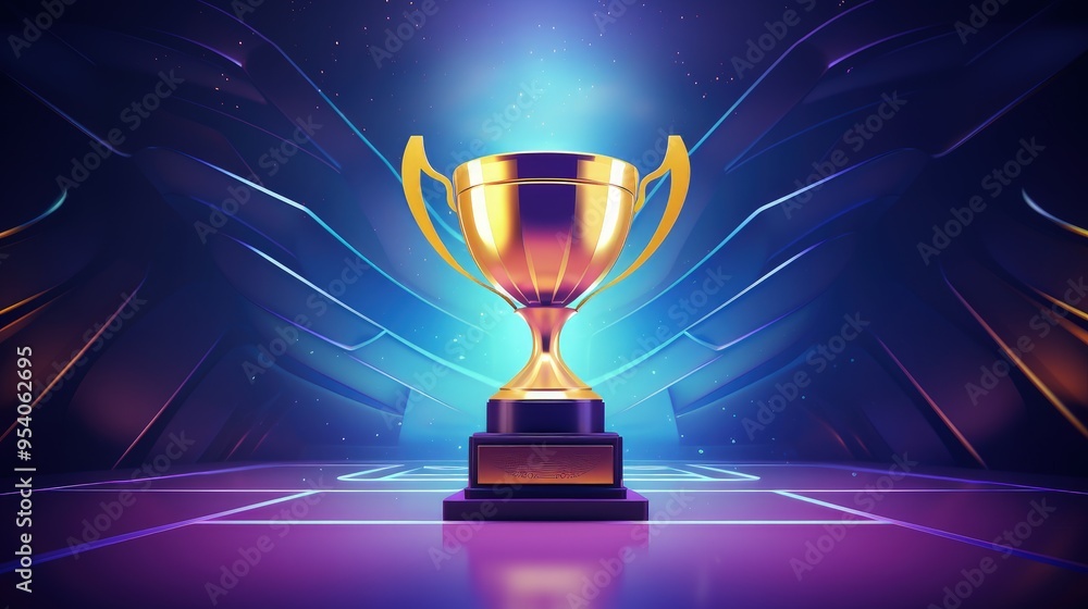 A shiny golden trophy stands prominently against a vibrant, futuristic background, symbolizing achievement and victory. A shiny golden trophy stands prominently against a vibrant, futuristic background, symbolizing achievement and victory.