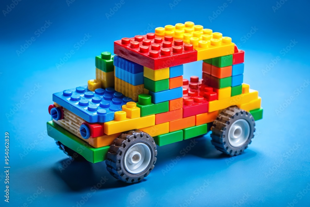 Colorful toy vehicle composed of interlocking plastic bricks, with wheels and headlights, parked on a bright blue