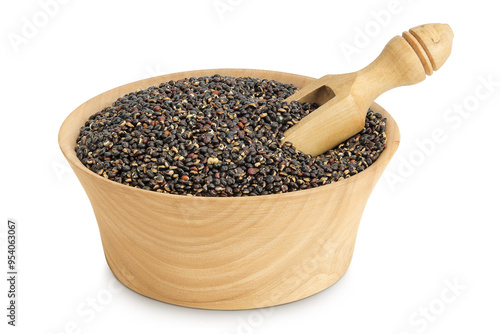 black quinoa in wooden bowl isolated on white background photo